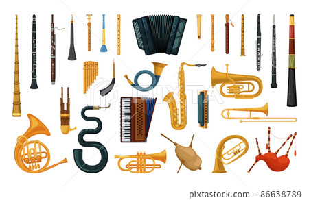 Collection of wind instruments. National folk instruments. Detailed illustrations with musical instruments. 86638789