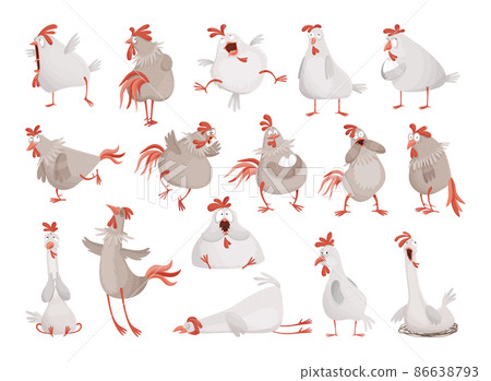 Collection of funny illustrations of rooster and hen. Comic birds. Collection of funny illustrations of rooster and hen. Comic birds. 86638793