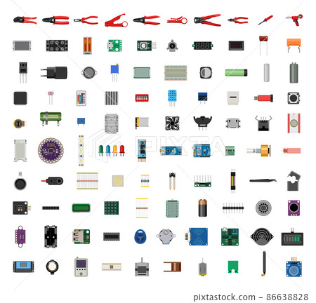 Detailed collection of electronic components and tools in a realistic style. 86638828