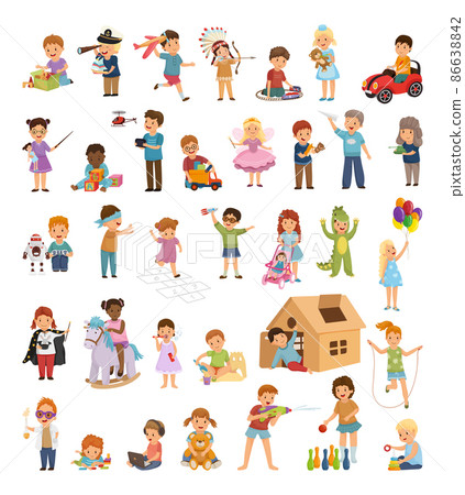 Illustrations with children playing with different toys. Characters kids playing games. 86638842
