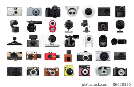Collection of cameras, camcorders and webcams in realism style. Detailed illustrations of photographic equipment. 86638850