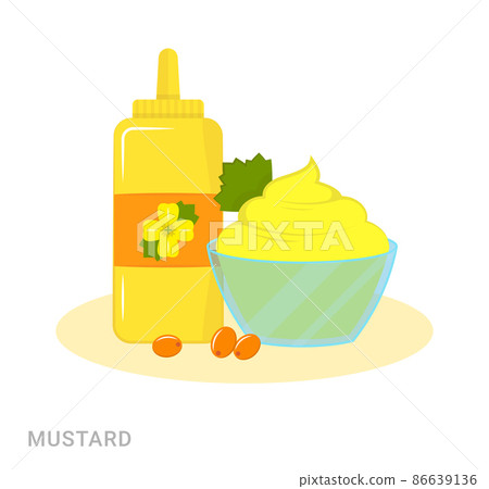 Vector illustration of the bowl with mustard and the bottle with mustard oil. Food additive on a white background. 86639136