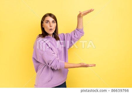 Portrait of amazed surprised woman presenting copy space between hands, holding empty place for commercial text, wearing purple hoodie. Indoor studio shot isolated on yellow background. Portrait of amazed surprised woman presenting copy space between hands, holding empty place for commercial text, wearing purple hoodie. Indoor studio shot isolated on yellow background. 86639766
