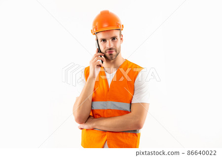 man in orange reflective vest and helmet talk on phone isolated on white background, conversation 86640022