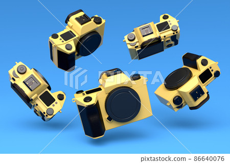 Setof nonexistent gold DSLR cameras flying on blue background. Setof nonexistent gold DSLR cameras flying on blue background. 86640076