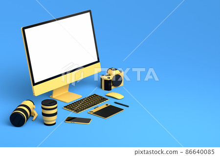 Desktop computer with keyboard, tablet, phone and DSLR camera on blue background 86640085