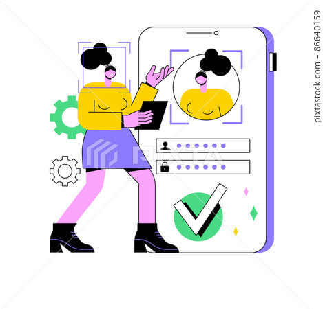 Verification technologies abstract concept vector illustration. Verification process, data access, user password, social media account, iris scan, facial recognition, security abstract metaphor. 86640159