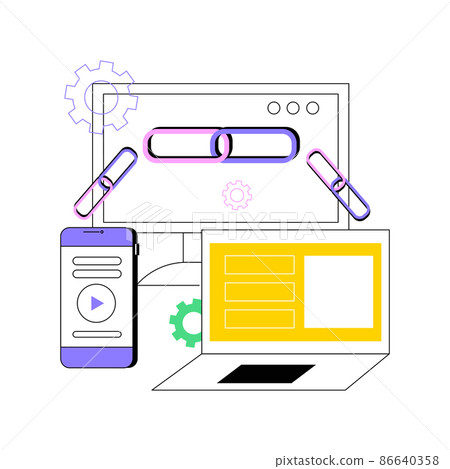 Link building abstract concept vector illustration. SEO strategies, search engine visibility optimization, content marketing, embedding refferal link URL, page rank algorithm abstract metaphor. 86640358