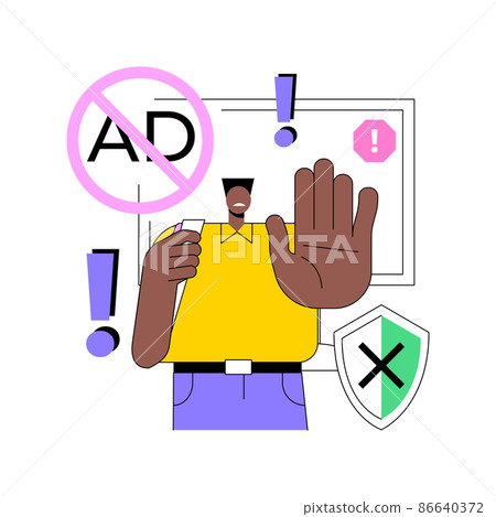 Ad blocking software abstract concept vector illustration. Removing online advertising, ad filtering tools, internet browser extension, plug-ins and applications, targeting URL abstract metaphor. 86640372