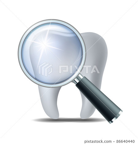 Icon check teeth at dentist. Healthy shiny tooth under magnifying glass Icon check teeth at dentist. Healthy shiny tooth under magnifying glass 86640440