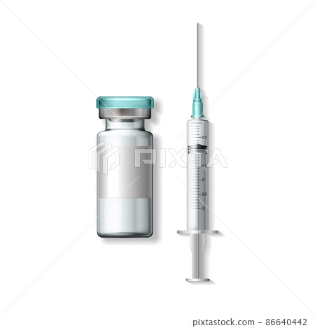 Realistic Bottle and Syringe. Coronavirus Vaccine, Botox, Filler, Hyaluronic Acid Closeup Realistic Bottle and Syringe. Coronavirus Vaccine, Botox, Filler, Hyaluronic Acid Closeup 86640442
