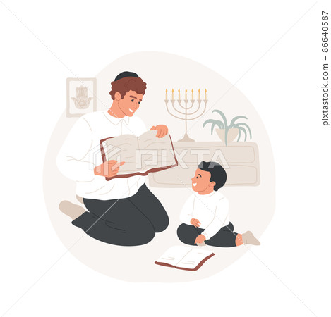 Teaching Torah at home abstract concept vector illustration. Father teaching Tohar to his little son, reading holy book together, jewish religion, everyday belief rituals abstract metaphor. Teaching Torah at home abstract concept vector illustration. Father teaching Tohar to his little son, reading holy book together, jewish religion, everyday belief rituals abstract metaphor. 86640587