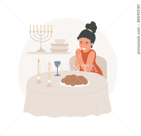 Shabbat prayer abstract concept vector illustration. Jewish little girl praying at the table, Shabbat blessings, everyday religion rituals, spiritual practices abstract metaphor. Shabbat prayer abstract concept vector illustration. Jewish little girl praying at the table, Shabbat blessings, everyday religion rituals, spiritual practices abstract metaphor. 86640590