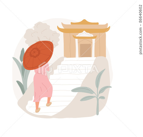 Visiting a temple abstract concept vector illustration. Buddhist tourist with umbrella visiting a holy place, temple attending, religious pilgrimage, spiritual practices abstract metaphor. 86640602