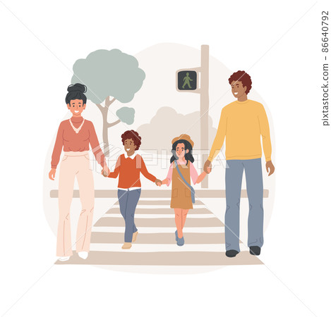 Teaching traffic rules isolated cartoon vector illustration. Parents hold children hand, crossing street at zebra cross, watch road together, teach traffic rules, primary school cartoon vector. 86640792