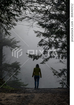 A woman like a ghost walks through the misty forest, the fear and mystery of the fog in the woods. 86640932