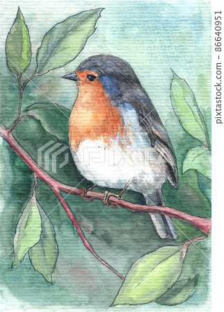 Small cute bird on a tree, watercolor 86640951