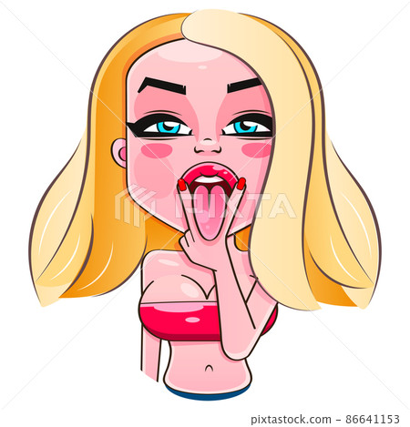 Pop Art Vintage advertising poster comic girl with speech bubble. Pretty girl showing tongue and rock and roll sign vector Pop Art Vintage advertising poster comic girl with speech bubble. Pretty girl showing tongue and rock and roll sign vector 86641153
