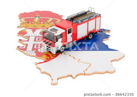 Fire department in Serbia. Fire engine truck on the Serbian map. 3D rendering Fire department in Serbia. Fire engine truck on the Serbian map. 3D rendering 86642350