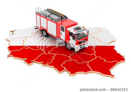 Fire department in Poland. Fire engine truck on the Polish map. 3D rendering Fire department in Poland. Fire engine truck on the Polish map. 3D rendering 86642351