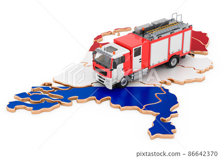 Fire department in The Netherlands. Fire engine truck on the Netherlands map. 3D rendering Fire department in The Netherlands. Fire engine truck on the Netherlands map. 3D rendering 86642370