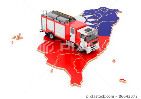 Fire department in Taiwan. Fire engine truck on the Taiwanese map. 3D rendering Fire department in Taiwan. Fire engine truck on the Taiwanese map. 3D rendering 86642372