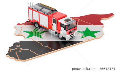 Fire department in Syria. Fire engine truck on the Syrian map. 3D rendering Fire department in Syria. Fire engine truck on the Syrian map. 3D rendering 86642373
