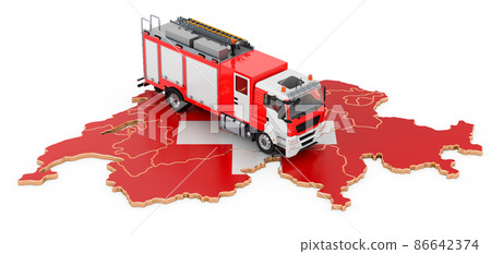 Fire department in Switzerland. Fire engine truck on the Swiss map. 3D rendering Fire department in Switzerland. Fire engine truck on the Swiss map. 3D rendering 86642374