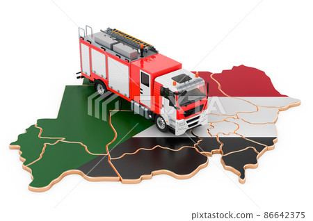 Fire department in Sudan. Fire engine truck on the Sudanese map. 3D rendering Fire department in Sudan. Fire engine truck on the Sudanese map. 3D rendering 86642375