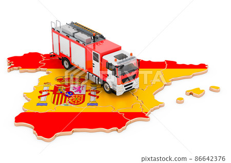 Fire department in Spain. Fire engine truck on the Spanish map. 3D rendering Fire department in Spain. Fire engine truck on the Spanish map. 3D rendering 86642376