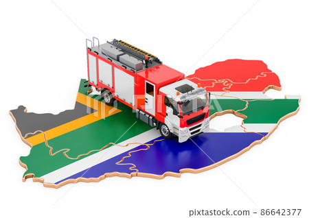 Fire department in South Africa. Fire engine truck on the South African map. 3D rendering Fire department in South Africa. Fire engine truck on the South African map. 3D rendering 86642377