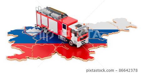 Fire department in Slovenia. Fire engine truck on the Slovenian map. 3D rendering Fire department in Slovenia. Fire engine truck on the Slovenian map. 3D rendering 86642378