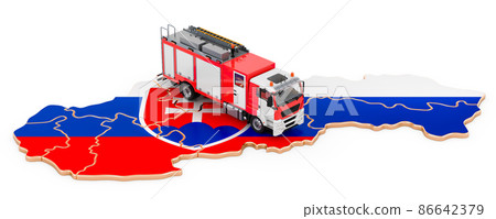 Fire department in Slovakia. Fire engine truck on the Slovak map. 3D rendering 86642379
