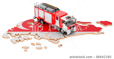 Fire department in Singapor. Fire engine truck on the Singaporean map. 3D rendering Fire department in Singapor. Fire engine truck on the Singaporean map. 3D rendering 86642380
