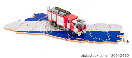 Fire department in El Salvador. Fire engine truck on the Salvadoran map. 3D rendering Fire department in El Salvador. Fire engine truck on the Salvadoran map. 3D rendering 86642410