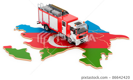 Fire department in Azerbaijan. Fire engine truck on the Azerbaijani map. 3D rendering Fire department in Azerbaijan. Fire engine truck on the Azerbaijani map. 3D rendering 86642420