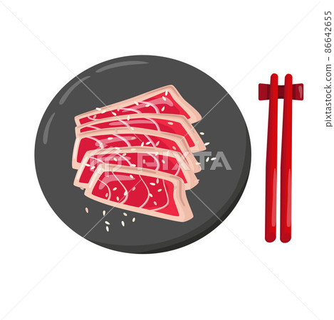 Tuna fish fillet steak on the plate, chopsticks. Vector stock illustration isolated on white background for recipe book, restaurant menu, packaging design. EPS10  86642655