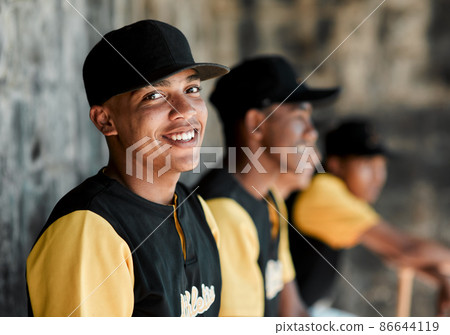Im happiest when I play baseball. Portrait of a young baseball player sitting with his teammates. 86644119