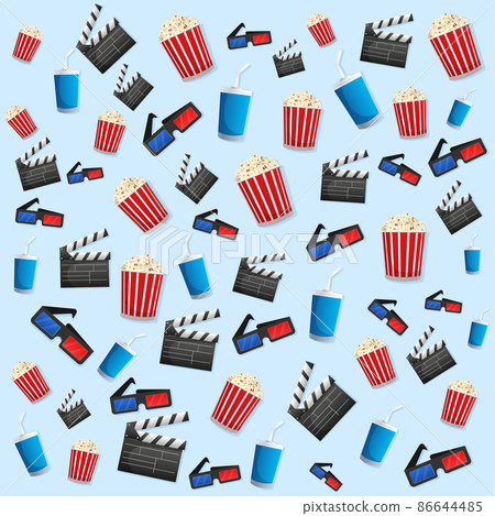 Cartoon illustration with yellow popcorn pattern on white background. Pink, white pattern vector illustration Cartoon illustration with yellow popcorn pattern on white background. Pink, white pattern vector illustration 86644485