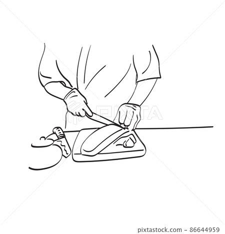 closeup hand of chef slicing salmon on wooden block illustration vector hand drawn isolated on white background line art. 86644959