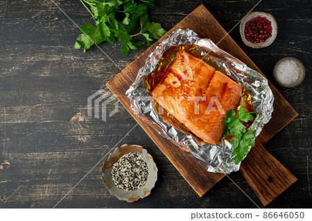 Foil pack dinner with fish. Fillet of salmon. Healthy diet food, keto diet Foil pack dinner with fish. Fillet of salmon. Healthy diet food, keto diet 86646050