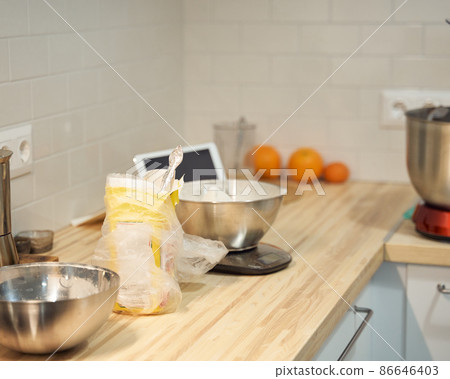 Cooking and baking food kitchen background at home, apartment, flour, digital tablet Cooking and baking food kitchen background at home, apartment, flour, digital tablet 86646403