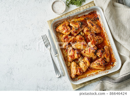 Barbecue chicken wings. Sticky asian spicy wings with teriyaki. Oven baked marinated chiken 86646424