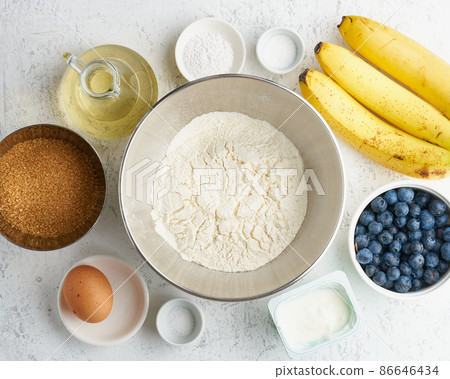 Ingredients for Banana bread. Step by step recipe. Step 1. Banana, flour, egg, oil, a sugar. Ingredients for Banana bread. Step by step recipe. Step 1. Banana, flour, egg, oil, a sugar. 86646434