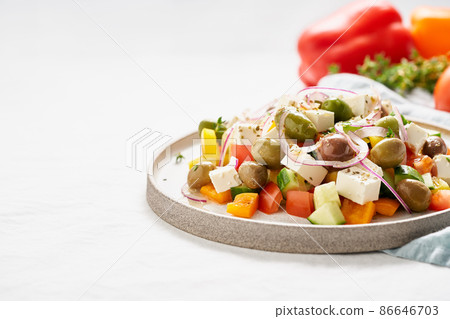 vegeterian mediterranean food, low calories dieting meal. Copy space, Greek village salad vegeterian mediterranean food, low calories dieting meal. Copy space, Greek village salad 86646703
