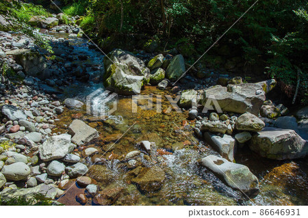 Summer plateau resort Kiyosato Miyaji no Taki mountain stream in the middle of the waterfall Summer plateau resort Kiyosato Miyaji no Taki mountain stream in the middle of the waterfall 86646931