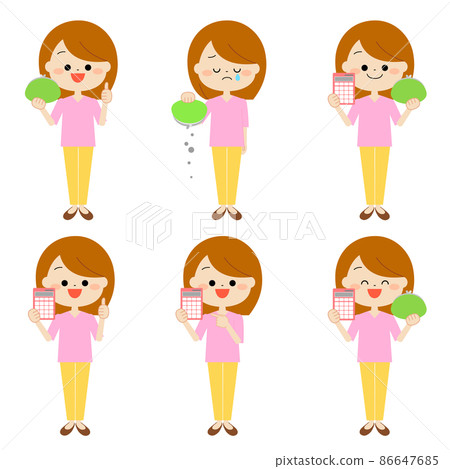 各種面部表情套裝，配有女性錢包和計算器 86647685