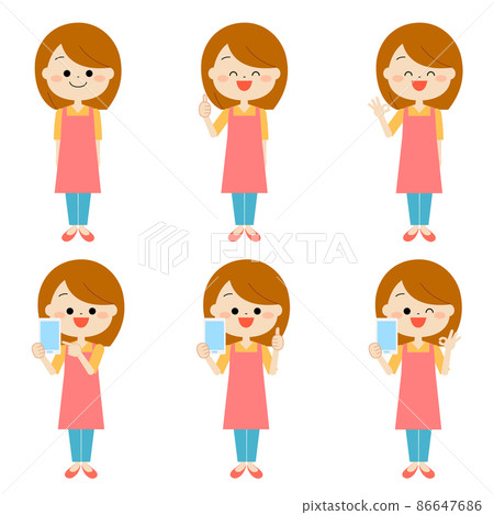 用智能手機為穿著圍裙的女人設置的面部表情 86647686