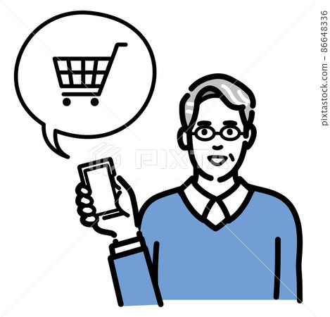 Middle-aged man with glasses holding a smartphone and explaining shopping Middle-aged man with glasses holding a smartphone and explaining shopping 86648336