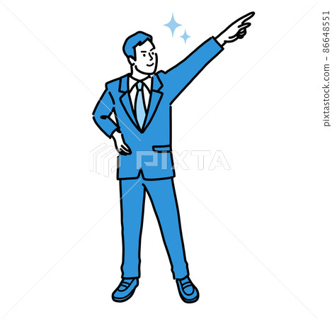 A young man in a suit wearing a suit pointing his finger in the direction of the future 86648551